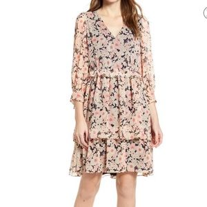 Tommy Hilfiger Midi Chiffon Dress Tan w/Coral Floral  Ruffle Waist Size L